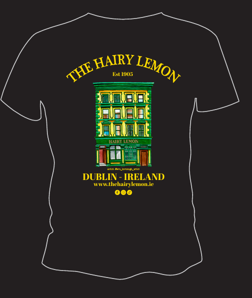 Limited edition Hairy Lemon T-shirt featuring original artwork by Irish artist Eva Kavanagh of Dublin's iconic Hairy Lemon pub.